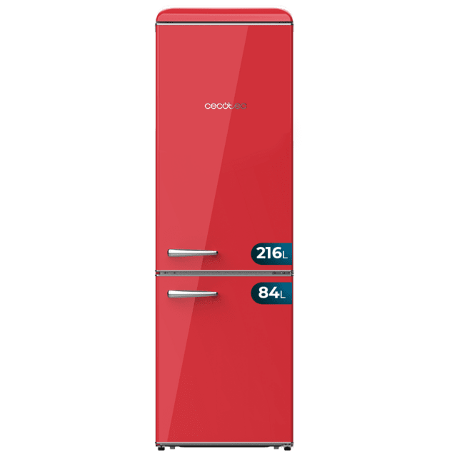 Cecotec Bolero CoolMarket Combi Origin 300 Red E Frigorífico retro con capacidad de 300L clase E Luz interior Crisper Box control de temperatura tirador cromado y bandejas de cristal. Frigorífico retro combi