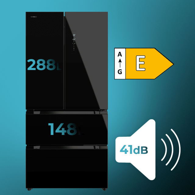 Cecotec Bolero CoolMarket FD 436 Black Glass E Frigorífico Puerta Francesa Cristal Negro 183 Cm De Alto Y 83 6 Cm De Ancho Capacidad 463L Compresor Inverter Plus Total No Frost Clase Energética E. Además Cuenta Con Distintos
