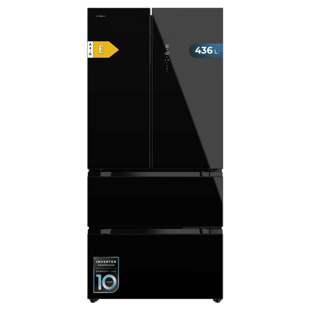 Cecotec Bolero CoolMarket FD 436 Black Glass E Frigorífico puerta francesa cristal negro 183 cm de alto y 83 6 cm de ancho capacidad 463L compresor Inverter Plus Total No Frost clase energética E. Además cuenta con distintos