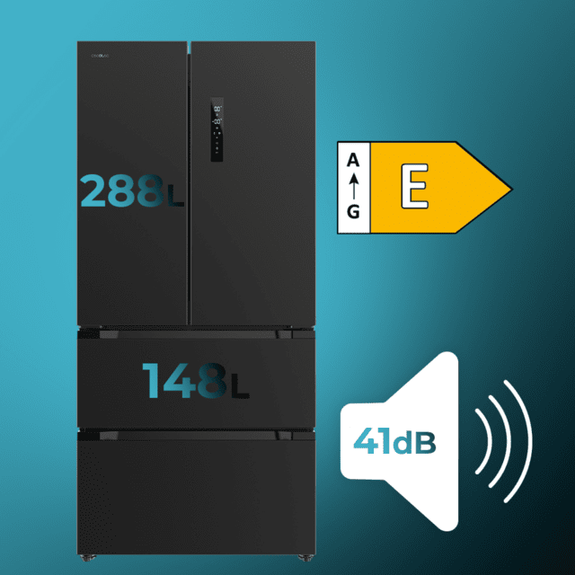 Cecotec Bolero CoolMarket FD 436 Dark E Frigorífico 4 Puertas Dark Estilo Francés Con Una Gran Capacidad De 510 L 183 Cm De Alto 84 Cm De Ancho Clase Energética E Y Compresor Inverter Plus. Además Cuenta Con Distintos Modos