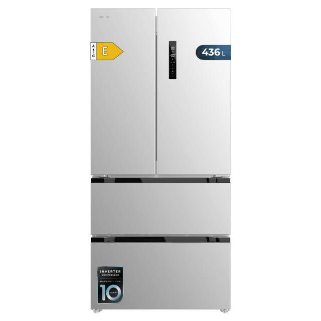 Cecotec Bolero CoolMarket FD 436 Inox E Frigorífico puerta francesa inox 183 cm de alto y 83 6 cm de ancho capacidad 463L compresor Inverter Plus Total No Frost clase energética E. Además cuenta con distintos modos como Fast