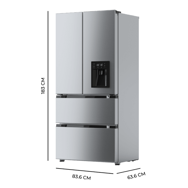Cecotec Bolero CoolMarket FD 436 WD Inox E Frigorífico Puerta Francesa Inox Con Dispensador De Agua 183 Cm De Alto Y 83 6 Cm De Ancho Capacidad 463L Compresor Inverter Plus Total No Frost Clase Energética E. Además Cuenta Con