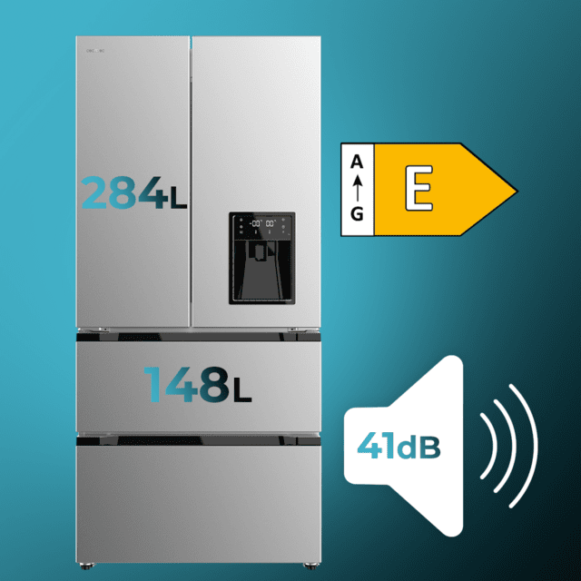 Cecotec Bolero CoolMarket FD 436 WD Inox E Frigorífico Puerta Francesa Inox Con Dispensador De Agua 183 Cm De Alto Y 83 6 Cm De Ancho Capacidad 463L Compresor Inverter Plus Total No Frost Clase Energética E. Además Cuenta Con