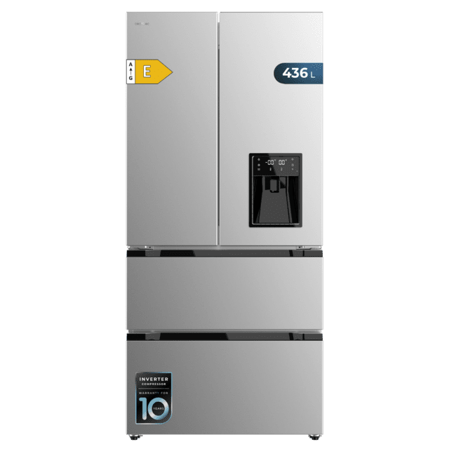 Cecotec Bolero CoolMarket FD 436 WD Inox E Frigorífico puerta francesa inox con dispensador de agua 183 cm de alto y 83 6 cm de ancho capacidad 463L compresor Inverter Plus Total No Frost clase energética E. Además cuenta con