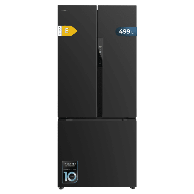 Cecotec Bolero CoolMarket FD 499 Dark E Frigorífico puerta francesa inox oscuro 178 cm de alto 75 9 cm de ancho y 74 2 cm de profundo capacidad 499L compresor Inverter Plus Total No Frost clase energética E. Además cuenta con