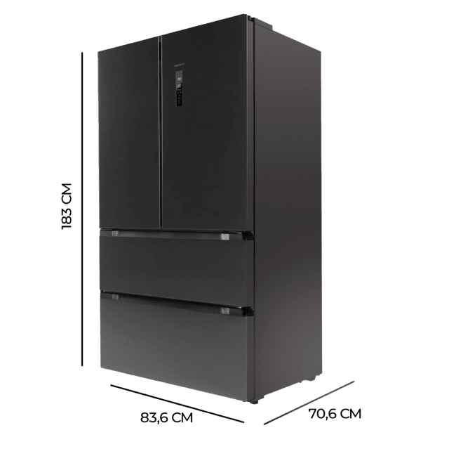 Cecotec Bolero CoolMarket FD 510 Dark E Frigorífico 4 Puertas Inox Estilo Francés Con Una Gran Capacidad De 510 L 183 Cm De Alto 85 Cm De Ancho Clase Energética E Y Motor Inverter Plus. Además Cuenta Con Distintos Modos Como