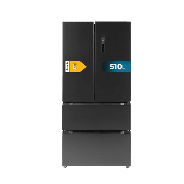 Cecotec Bolero CoolMarket FD 510 Dark E Frigorífico 4 puertas inox estilo francés con una gran capacidad de 510 L 183 cm de alto 85 cm de ancho clase energética E y Motor Inverter plus. Además cuenta con distintos modos como