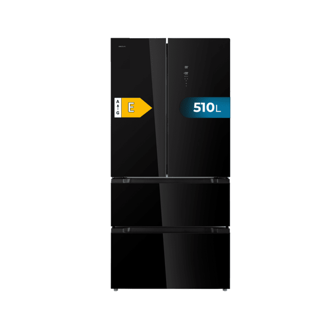Cecotec Bolero CoolMarket FD 510 Glass E Frigorífico 4 puertas Glass estilo francés con una gran capacidad de 510 L 183 cm de alto 85 cm de ancho clase energética E y motor Inverter plus. Además cuenta con distintos modos co