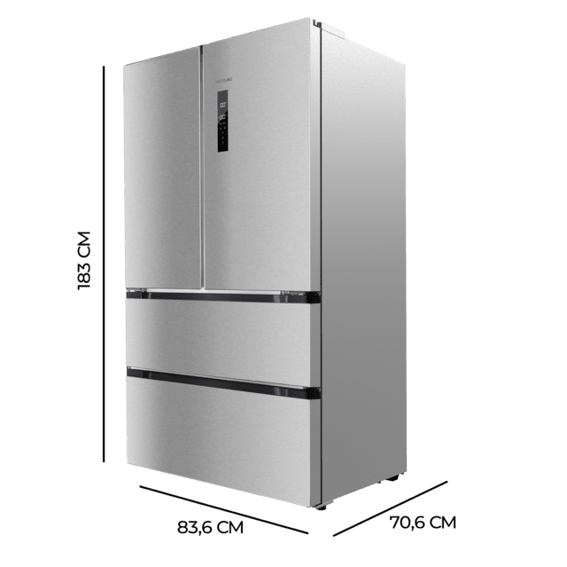 Cecotec Bolero CoolMarket FD 510 Inox E Frigorífico 4 Puertas Inox Estilo Francés Con Una Gran Capacidad De 510 L 183 Cm De Alto 85 Cm De Ancho Clase Energética E Y Motor Inverter Plus. Además Cuenta Con Distintos Modos Como