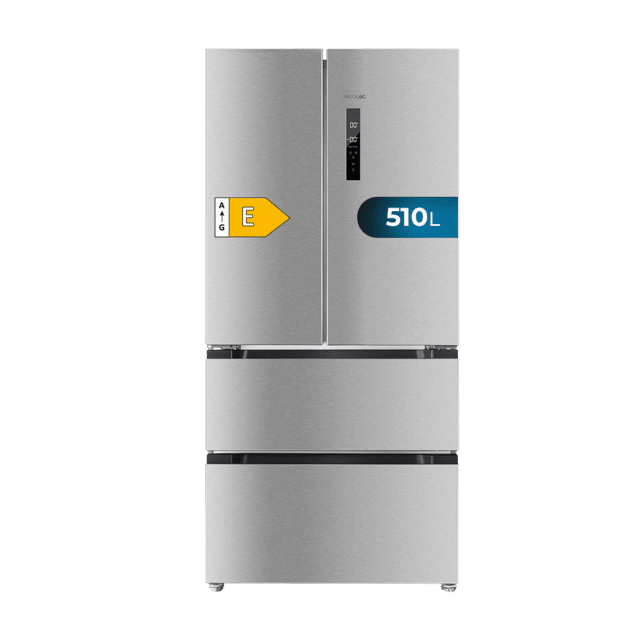 Cecotec Bolero CoolMarket FD 510 Inox E Frigorífico 4 puertas inox estilo francés con una gran capacidad de 510 L 183 cm de alto 85 cm de ancho clase energética E y motor Inverter plus. Además cuenta con distintos modos como