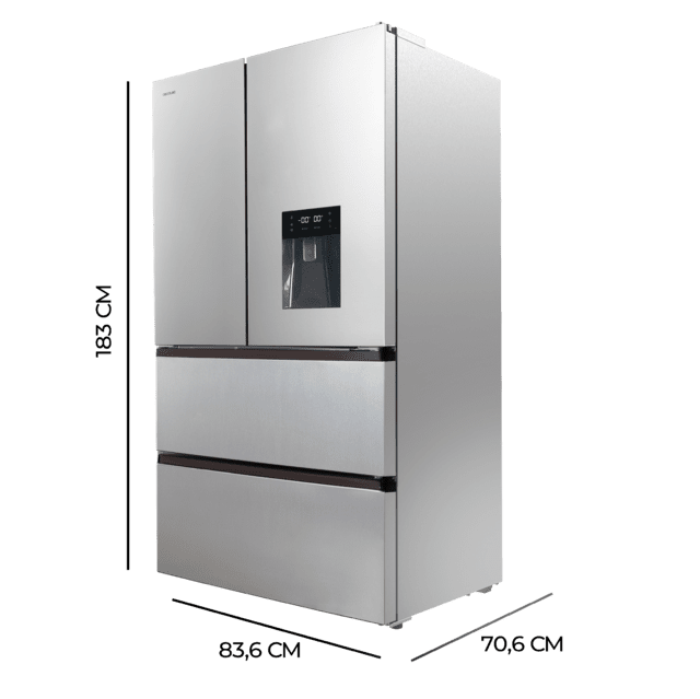 Cecotec Bolero CoolMarket FD 510 WD Inox E Frigorífico 4 Puertas Inox Estilo Francés Con Una Gran Capacidad De 506 L 183 Cm De Alto 84 Cm De Ancho Con Dispensador De Agua Clase Energética E Y Compresor Inverter Plus. Además