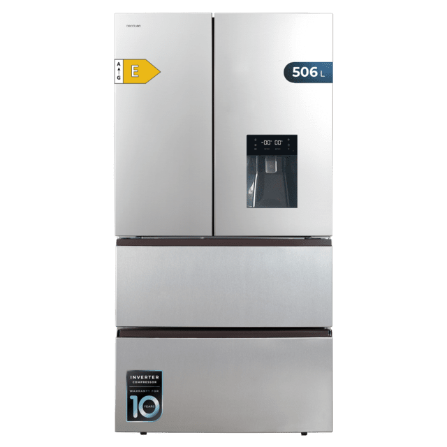 Cecotec Bolero CoolMarket FD 510 WD Inox E Frigorífico 4 puertas inox estilo francés con una gran capacidad de 506 L 183 cm de alto 84 cm de ancho con dispensador de agua clase energética E y compresor inverter plus. Además