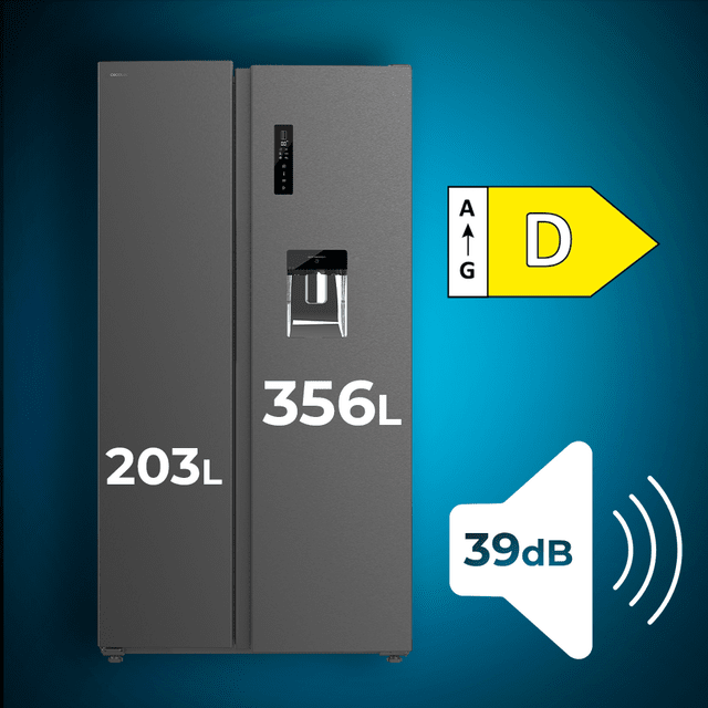 Cecotec Bolero CoolMarket SBS 559 Dark D Frigorífico Americano Side By Side Dark Con 559 Litros De Capacidad 177 Cm De Alto Y 90 Cm Ancho Clase D Con Sistema Multi Air Flow Total No Frost Compresor Inverter Plus. Frigorífico A