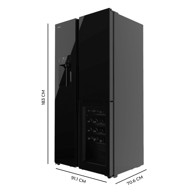 Cecotec Bolero CoolMarket TDW 529 WID Black Glass E Frigorífico 3 Puertas Cristal Negro Con Vinoteca Y Icemaker 183 Cm Alto 91 1 Cm Ancho Y 70 6cm Profundo Capacidad 529L Compresor Inverter Plus Total No Frost Clase Energética