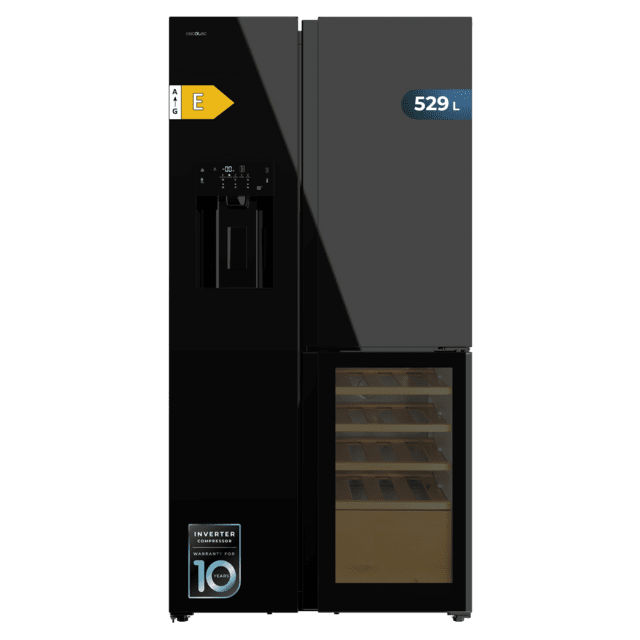 Cecotec Bolero CoolMarket TDW 529 WID Black Glass E Frigorífico 3 puertas cristal negro con vinoteca y Icemaker 183 cm alto 91 1 cm ancho y 70 6cm profundo capacidad 529L compresor Inverter Plus Total No Frost clase energética