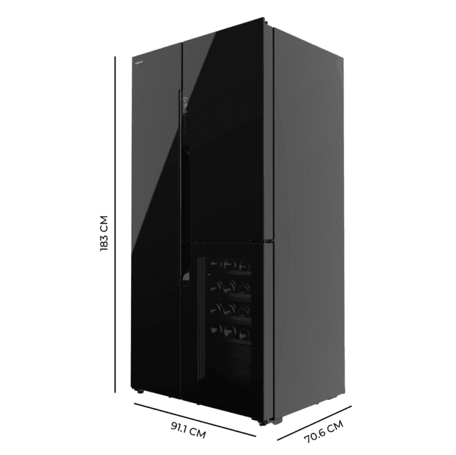 Cecotec Bolero CoolMarket TDW 548 Black Glass E Frigorífico 3 Puertas Cristal Negro Con Vinoteca 183 Cm Alto 91 1 Cm Ancho Y 70 6cm Profundo Capacidad 548L Compresor Inverter Plus Total No Frost Clase Energética E. Además Cue