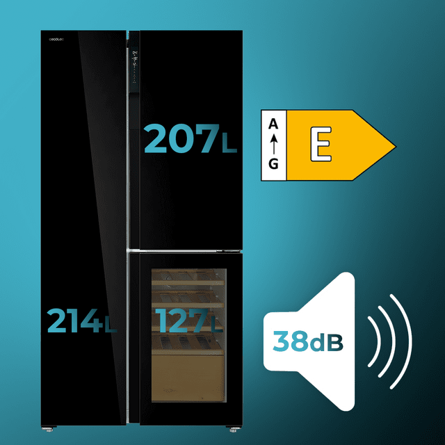 Cecotec Bolero CoolMarket TDW 548 Black Glass E Frigorífico 3 Puertas Cristal Negro Con Vinoteca 183 Cm Alto 91 1 Cm Ancho Y 70 6cm Profundo Capacidad 548L Compresor Inverter Plus Total No Frost Clase Energética E. Además Cue