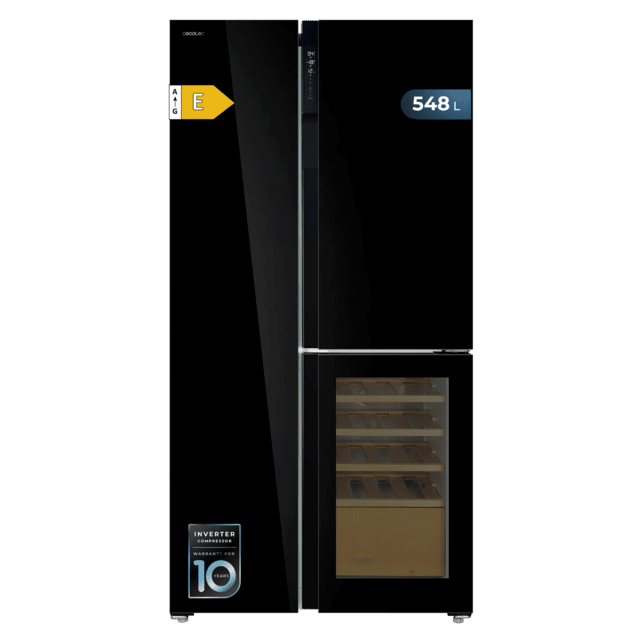 Cecotec Bolero CoolMarket TDW 548 Black Glass E Frigorífico 3 puertas cristal negro con vinoteca 183 cm alto 91 1 cm ancho y 70 6cm profundo capacidad 548L compresor Inverter Plus Total No Frost clase energética E. Además cue