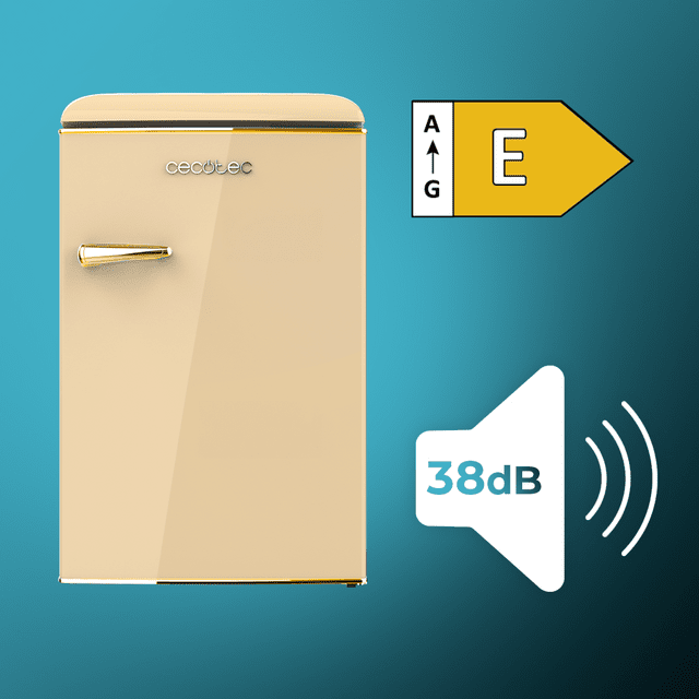 Cecotec Bolero CoolMarket TT Origin 110 Beige E Mini Frigorífico Retro TT Origin Beige Con Capacidad De 110L Clase E ICEBOX Luz Interior Y Tirador Gold. Mini Frigorífico Retro  110 L Beige