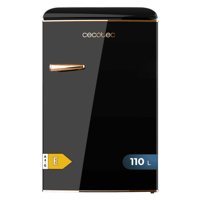 Cecotec Bolero CoolMarket TT Origin 110 Black E Mini Frigorífico Retro TT Origin Black Con Capacidad De 110L Clase E ICEBOX Luz Interior Y Tirador Gold Rose. Mini Frigorífico Retro 110 L Negro