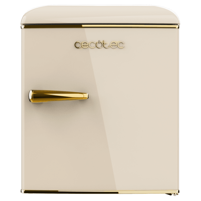 Cecotec Bolero CoolMarket TT Origin 45 Beige E Mini Frigorífico Retro Sobremesa Beige De 55cm De Alto Y 44 7cm De Ancho Con Capacidad De 45L Clase Energética E Icebox Y Tirador Cromado Gold.  Mini Frigorífico Retro 