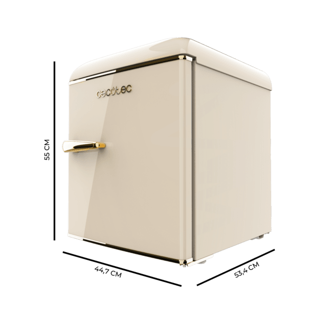 Cecotec Bolero CoolMarket TT Origin 45 Beige E Mini Frigorífico Retro Sobremesa Beige De 55cm De Alto Y 44 7cm De Ancho Con Capacidad De 45L Clase Energética E Icebox Y Tirador Cromado Gold.  Mini Frigorífico Retro 