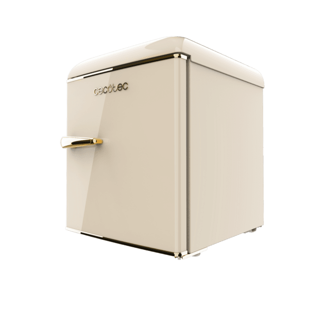 Cecotec Bolero CoolMarket TT Origin 45 Beige E Mini Frigorífico Retro Sobremesa Beige De 55cm De Alto Y 44 7cm De Ancho Con Capacidad De 45L Clase Energética E Icebox Y Tirador Cromado Gold.  Mini Frigorífico Retro 
