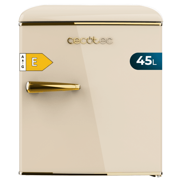 Cecotec Bolero CoolMarket TT Origin 45 Beige E Mini frigorífico retro sobremesa beige de 55cm de alto y 44 7cm de ancho con capacidad de 45L clase energética E Icebox y tirador cromado gold.  Mini frigorífico retro 