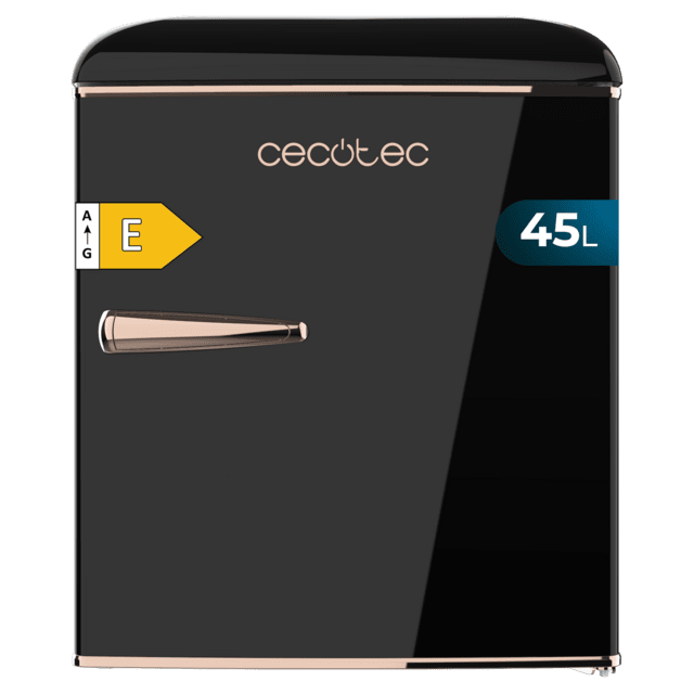 Cecotec Bolero CoolMarket TT Origin 45 Black E Mini frigorífico retro sobremesa negro de 55cm de alto y 44 7cm de ancho con capacidad de 45L clase energética E Icebox y tirador cromado gold rose.  Mini frigorífico retro 