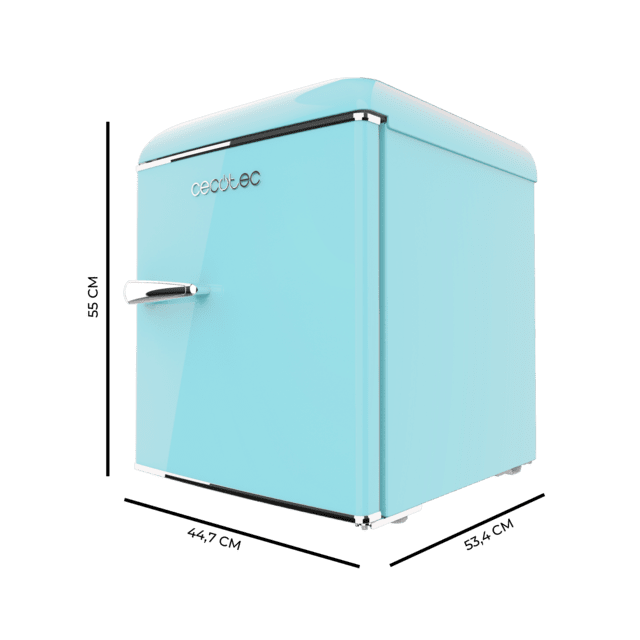 Cecotec Bolero CoolMarket TT Origin 45 Blue E Mini Frigorífico Retro Sobremesa Azul De 55cm De Alto Y 44 7cm De Ancho Con Capacidad De 45L Clase Energética E Icebox Y Tirador Cromado.  Mini Frigorífico Retro Sobremesa
