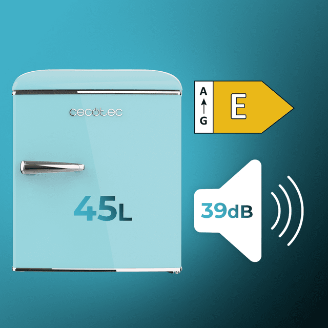 Cecotec Bolero CoolMarket TT Origin 45 Blue E Mini Frigorífico Retro Sobremesa Azul De 55cm De Alto Y 44 7cm De Ancho Con Capacidad De 45L Clase Energética E Icebox Y Tirador Cromado.  Mini Frigorífico Retro Sobremesa