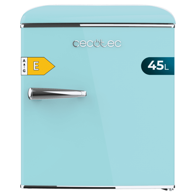 Cecotec Bolero CoolMarket TT Origin 45 Blue E Mini frigorífico retro sobremesa azul de 55cm de alto y 44 7cm de ancho con capacidad de 45L clase energética E Icebox y tirador cromado.  Mini frigorífico retro sobremesa