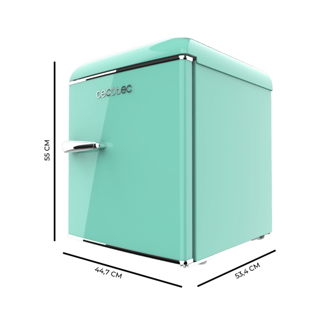 Cecotec Bolero CoolMarket TT Origin 45 Green E Mini Frigorífico Retro Sobremesa Verde De 55cm De Alto Y 44 7cm De Ancho Con Capacidad De 45L Clase Energética E Icebox Y Tirador Cromado. Mini Frigorífico Retro