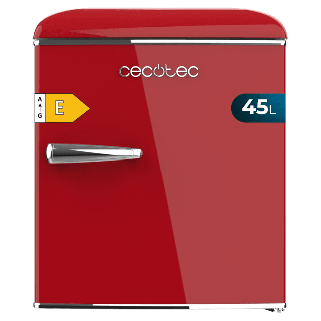 Cecotec Bolero CoolMarket TT Origin 45 Red E Mini frigorífico retro sobremesa rojo de 55cm de alto y 44 7cm de ancho con capacidad de 45L clase energética E Icebox y tirador cromado. Mini frigorífico retro sobremesa