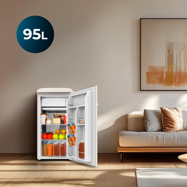 Cecotec Bolero CoolMarket TT Origin 95 Beige E Mini Frigorífico Retro Beige De 89 Cm De Alto Y 49 Cm De Ancho Con Capacidad De 95L Clase Energética E Icebox Y Tirador Cromado. Mini Frigorífico 