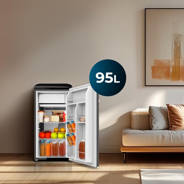 Cecotec Bolero CoolMarket TT Origin 95 Black E Mini Frigorífico Retro Negro De 89 Cm De Alto Y 49 Cm De Ancho Con Capacidad De 95L Clase Energética E Icebox Y Tirador Cromado. Mini Frigorífico Retro