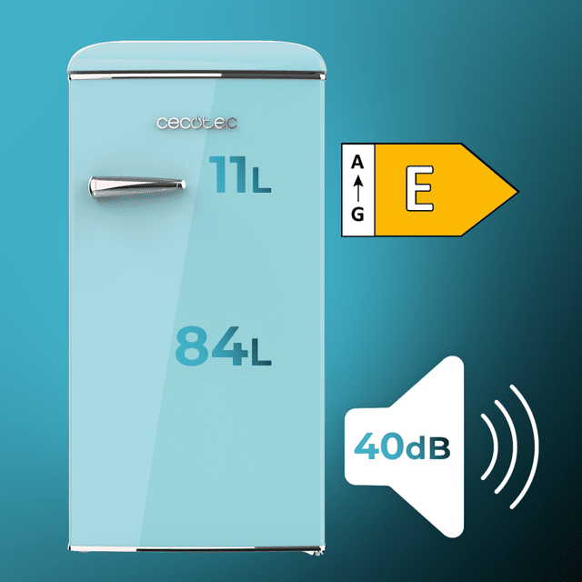 Cecotec Bolero CoolMarket TT Origin 95 Blue E Mini Frigorífico Retro Azul De 89 Cm De Alto Y 49 Cm De Ancho Con Capacidad De 95L Clase Energética E Icebox Y Tirador Cromado. Mini Frigorífico Retro 