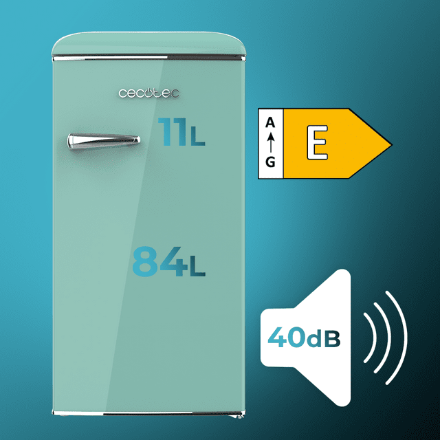 Cecotec Bolero CoolMarket TT Origin 95 Green E Mini Frigorífico Retro Verde De 89 Cm De Alto Y 49 Cm De Ancho Con Capacidad De 95L Clase Energética E Icebox Y Tirador Cromado. Mini Frigorífico