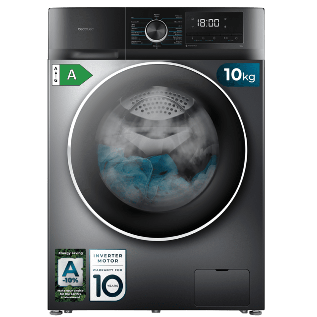 Cecotec Bolero DressCode 10500 Inverter Steel A Lavadora de 10 Kg Steel 1400 rpm Motor Inverter Plus SteamMax Drum Clean Allergy Care Pearl Drum Delay Start Stop&Go display LED y acabados cromados programa ECO y KidLock Lavadora