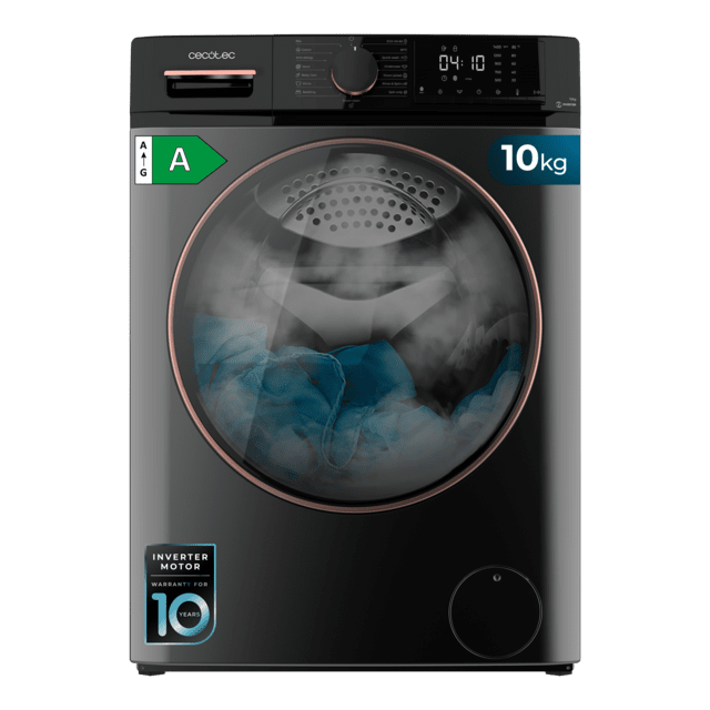Cecotec Bolero DressCode 10610 Inverter Steel A Lavadora de carga frontal steel de 10 Kg de capacidad 1400 RPM Clase A Steam Max Motor inverter plus 15 programas OnSmart Fuzzy Logic Smooth Wash Stop&Go Goma antibacteriana y Drum