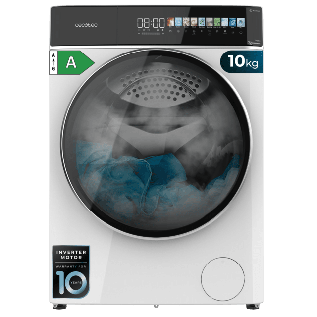 Cecotec Bolero DressCode 10900 Autodose Inverter FullColor A Lavadora Autodosis de carga frontal blanca de 10 kg de capacidad y 1400 rpm Pantalla FullColor 10 3" 11 programas Motor Inverter Plus SteamMax Clase A Sanitize OnSmart
