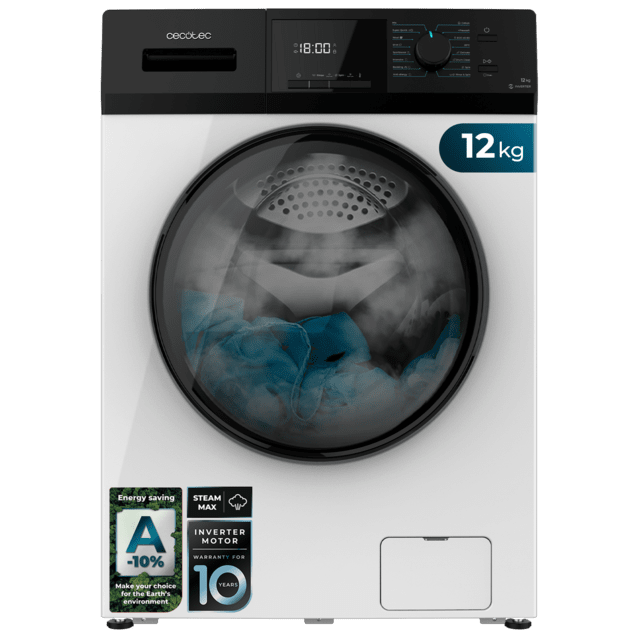 Cecotec Bolero Dresscode 12410 Inverter Lavadora de carga frontal de 12 kg de capacidad y 1400 rpm Clase A 16 programas Motor Inverter Plus SteamMax Drum Clean y Allergy Care. Lavadora de 12 kg