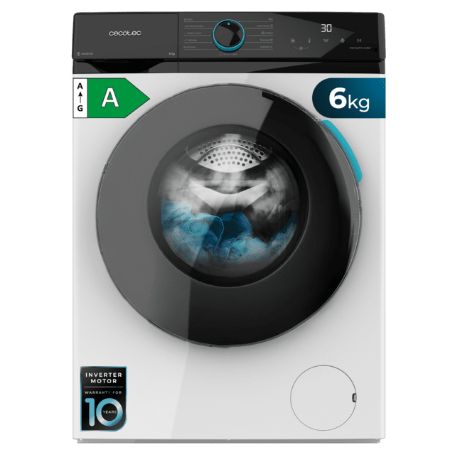 Cecotec Bolero DressCode 6160 Inverter Lavadora de 6 kg de capacidad y 1200 rpm 11 programas Clase A Motor Inverter Plus Steam Max Drum Clean Programa rápido 15' Delay Start KidLock y panel de control con display LED. Lavadora