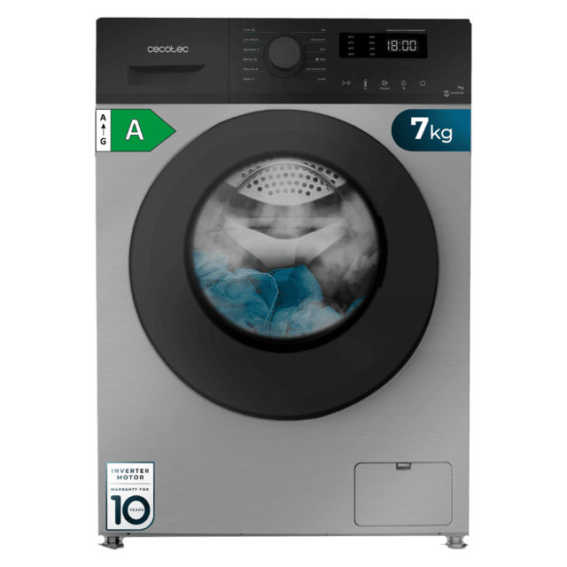 Cecotec Bolero DressCode 7150 Inverter Steel A Lavadora steel de 7 kg de capacidad y 1400 rpm 12 programas Clase A Motor Inverter Plus Steam Max Drum Clean Delay Start y Child Lock. Lavadora