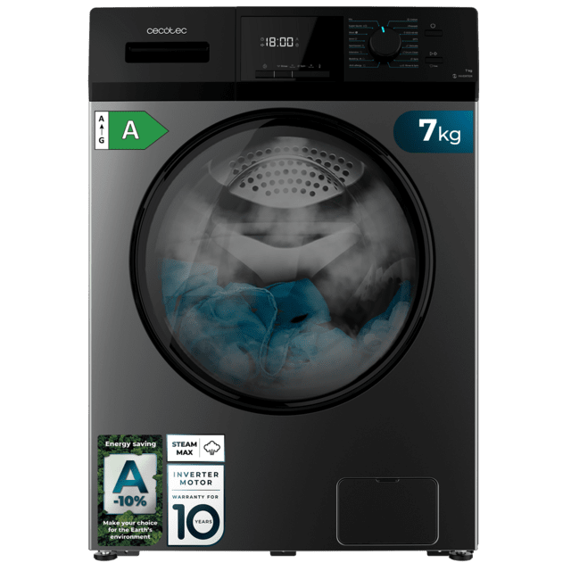 Cecotec Bolero DressCode 7410 Inverter Steel A Lavadora de carga frontal steel de 7 kg de capacidad y 1200 rpm Clase A-10% 16 programas Motor Inverter Plus SteamMax Drum Clean Allergy Care Diamond Care Delay Start Stop&Go progra