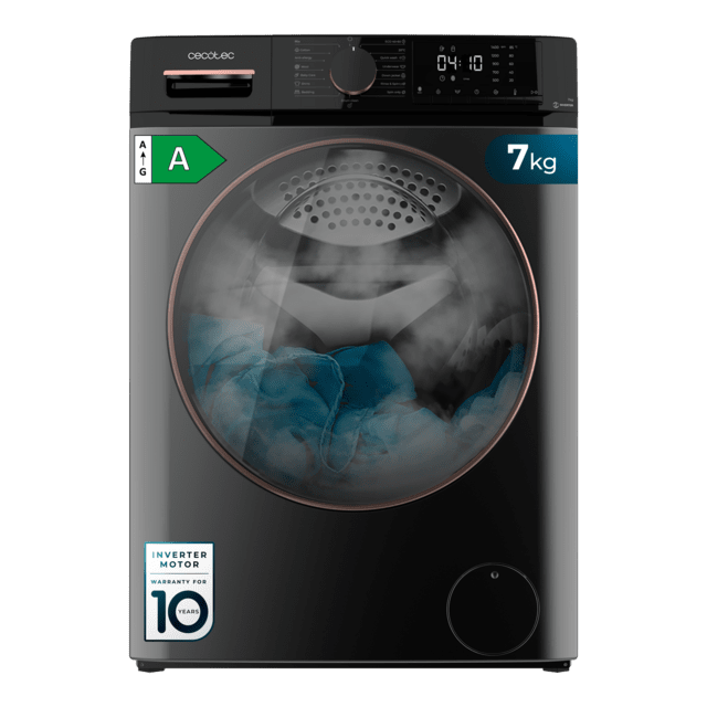 Cecotec Bolero DressCode 7610 Inverter Steel A Lavadora de carga frontal steel de 7 Kg de capacidad 1400 RPM Clase A Steam Max Motor inverter plus 15 programas OnSmart Fuzzy Logic Smooth Wash Stop&Go Goma antibacteriana y Drum C
