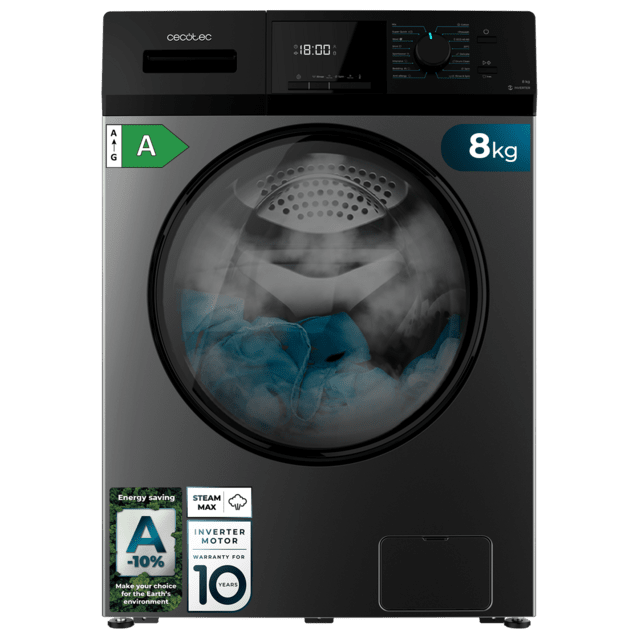 Cecotec Bolero DressCode 8410 Inverter Steel A Lavadora de carga frontal steel de 8 kg de capacidad y 1400 rpm Clase A-10% 16 programas Motor Inverter Plus SteamMax Drum Clean Allergy Care Diamond Care Delay Start Stop&Go progra