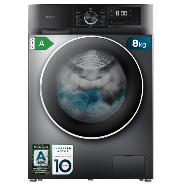 Cecotec Bolero DressCode 8500 Inverter Steel A Lavadora de carga frontal de 8 Kg steel 1400 rpm Motor Inverter Plus SteamMax Drum Clean Allergy Care Pearl Drum Delay Start Stop&Go display LED y acabados cromados programa ECO y K