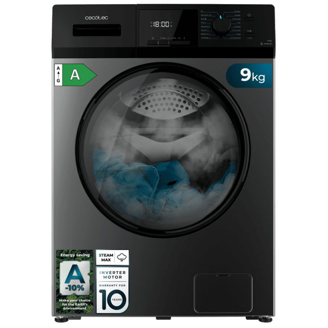 Cecotec Bolero DressCode 9410 Inverter Steel A Lavadora de carga frontal steel de 9 kg de capacidad y 1400 rpm Clase A-10% 16 programas Motor Inverter Plus SteamMax Drum Clean Allergy Care Diamond Care Delay Start Stop&Go progra