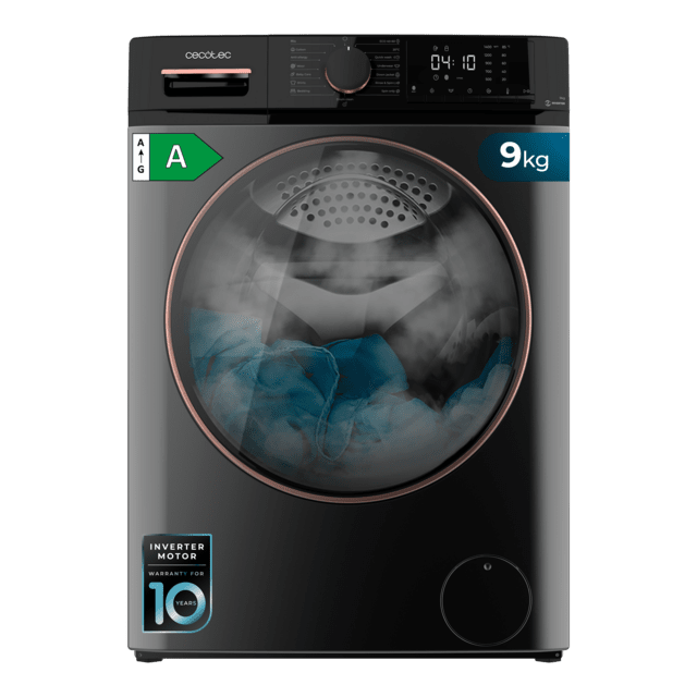 Cecotec Bolero DressCode 9610 Inverter Steel A Lavadora de carga frontal steel de 9 Kg de capacidad 1400 RPM Clase A Steam Max Motor inverter plus 15 programas OnSmart Fuzzy Logic Smooth Wash Stop&Go Goma antibacteriana y Drum C